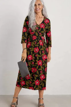 Dresses<Seasalt Cornwall Flower Bud Jersey V- Neck Midi Dress Mary Rose Floral Onyx