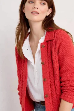 Knitwear<Seasalt Cornwall Forest Ridge Cable Knit Collared Cardigan Tomato