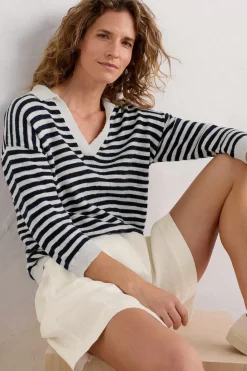 Knitwear<Seasalt Cornwall Gwynver Lightweight V-Neck Collared Jumper Mini Cornish Ecru Maritime