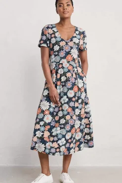 Dresses<Seasalt Cornwall Helena Short Sleeve V-Neck Midi Dress Flowering Blooms Maritime
