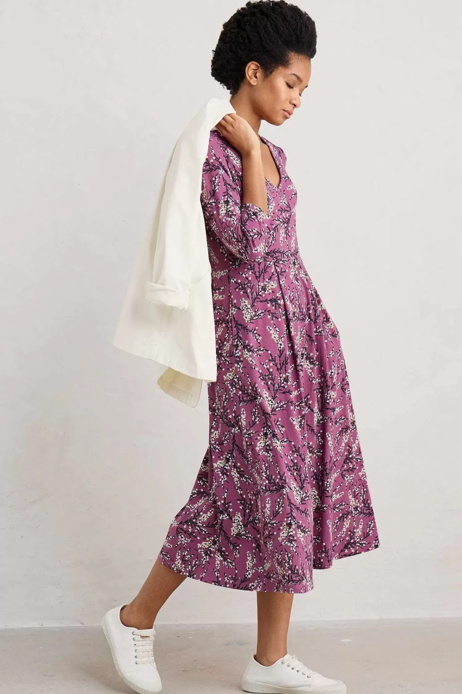 Dresses<Seasalt Cornwall Helena V-Neck Jersey Midi Dress (Gots) Heather Sketch Buddleia