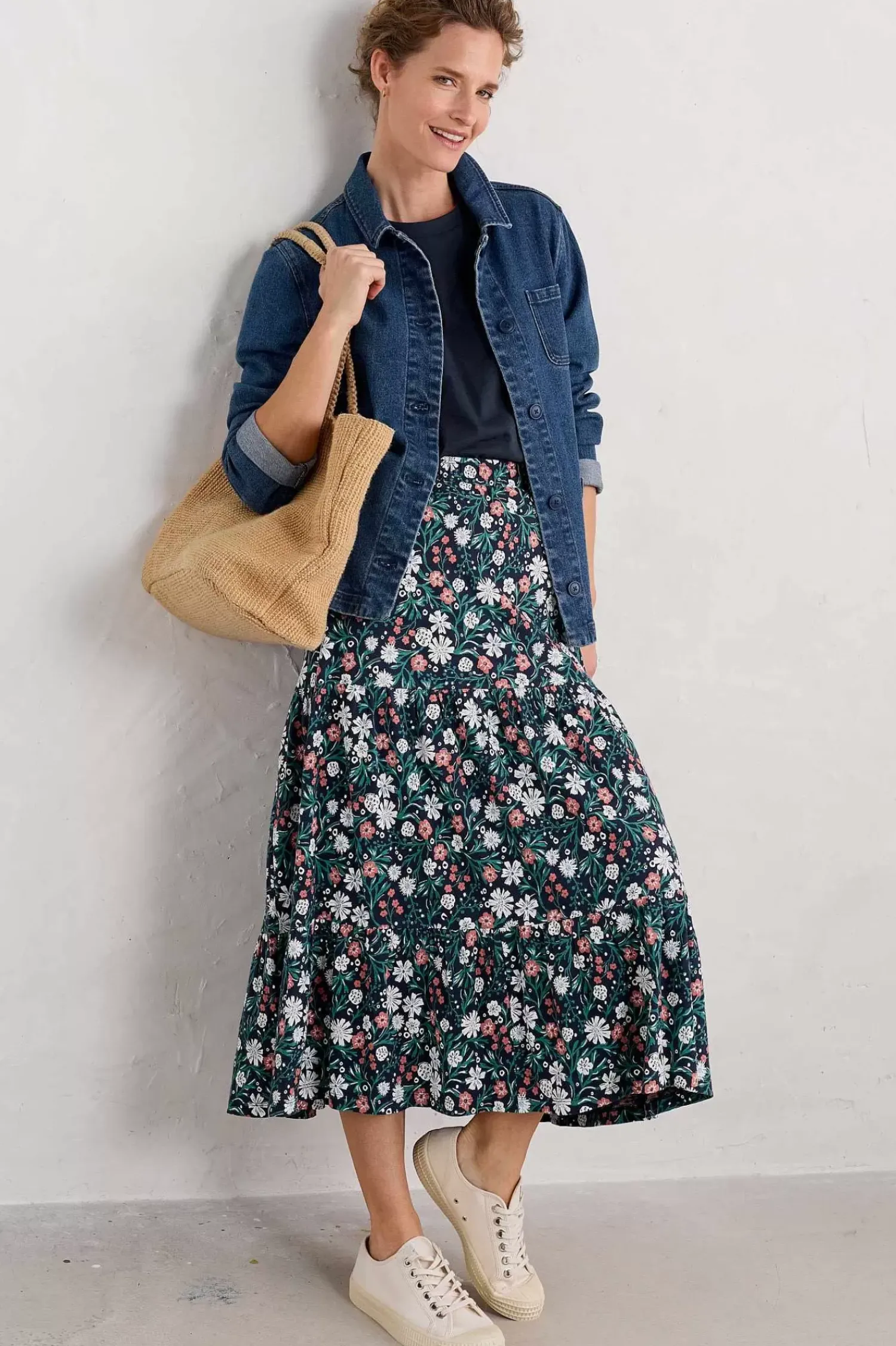 Skirts<Seasalt Cornwall Line Strokes Tiered Midi Skirt Creekside Floral Maritime