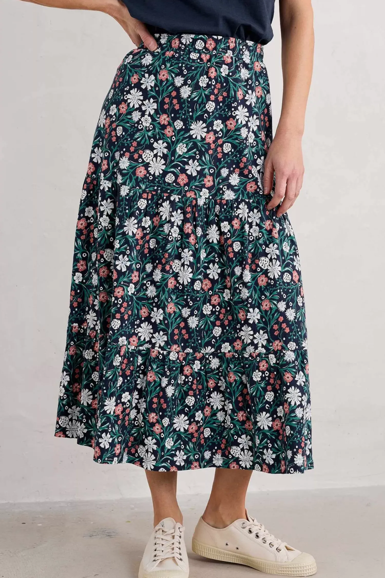 Skirts<Seasalt Cornwall Line Strokes Tiered Midi Skirt Creekside Floral Maritime