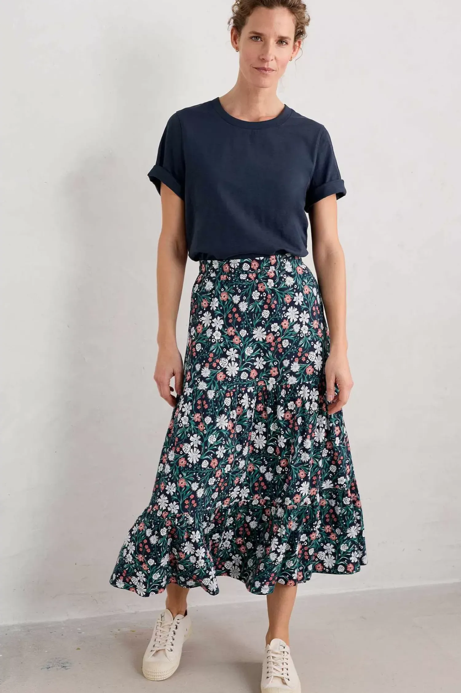 Skirts<Seasalt Cornwall Line Strokes Tiered Midi Skirt Creekside Floral Maritime