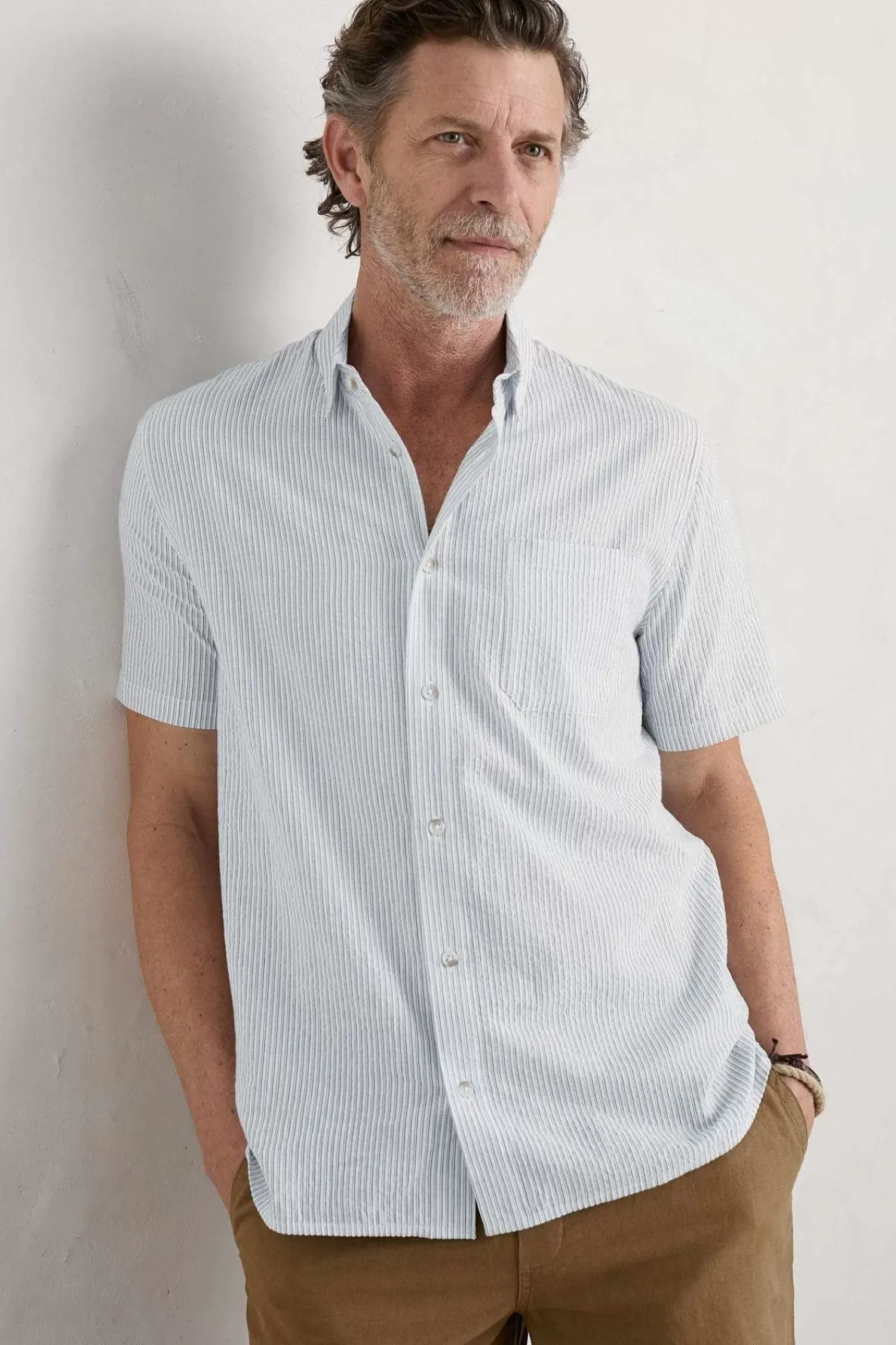 Tops & T-Shirts<Seasalt Cornwall Men's Blue Heron Seersucker Short Sleeve Shirt Barometer Chalk Sail Blue