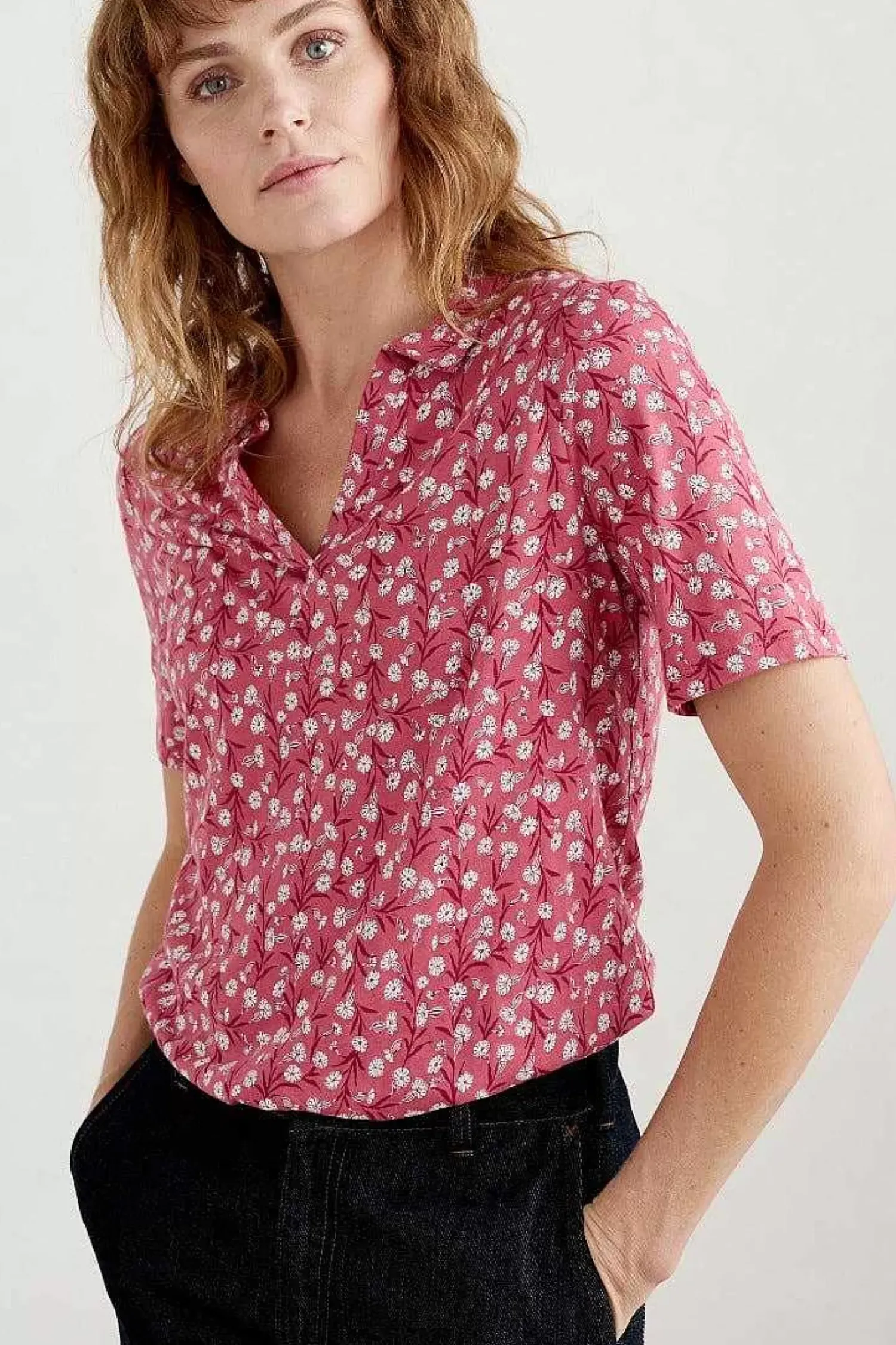 Tops<Seasalt Cornwall Misty Sky Short Sleeve Jersey Shirt Campion Vines Rose