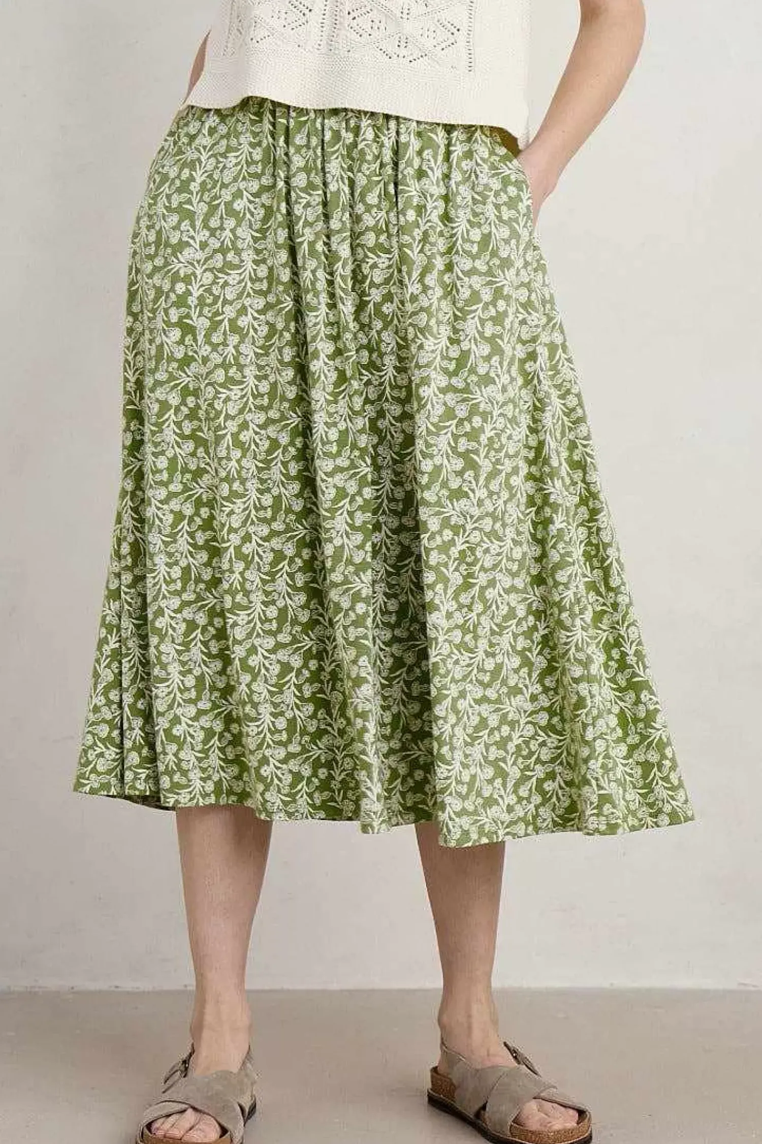Skirts<Seasalt Cornwall Ready Sail Printed Jersey Midi Skirt Campion Vines Dill