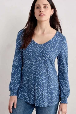 Tops<Seasalt Cornwall Rosehip Jersey V-Neck Top Ditsy Sprig Blue Jay