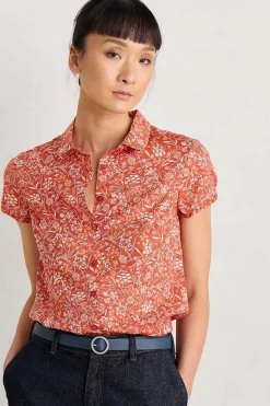 Tops<Seasalt Cornwall Rushmaker Short Sleeve Shirt Sketched Field Papaya