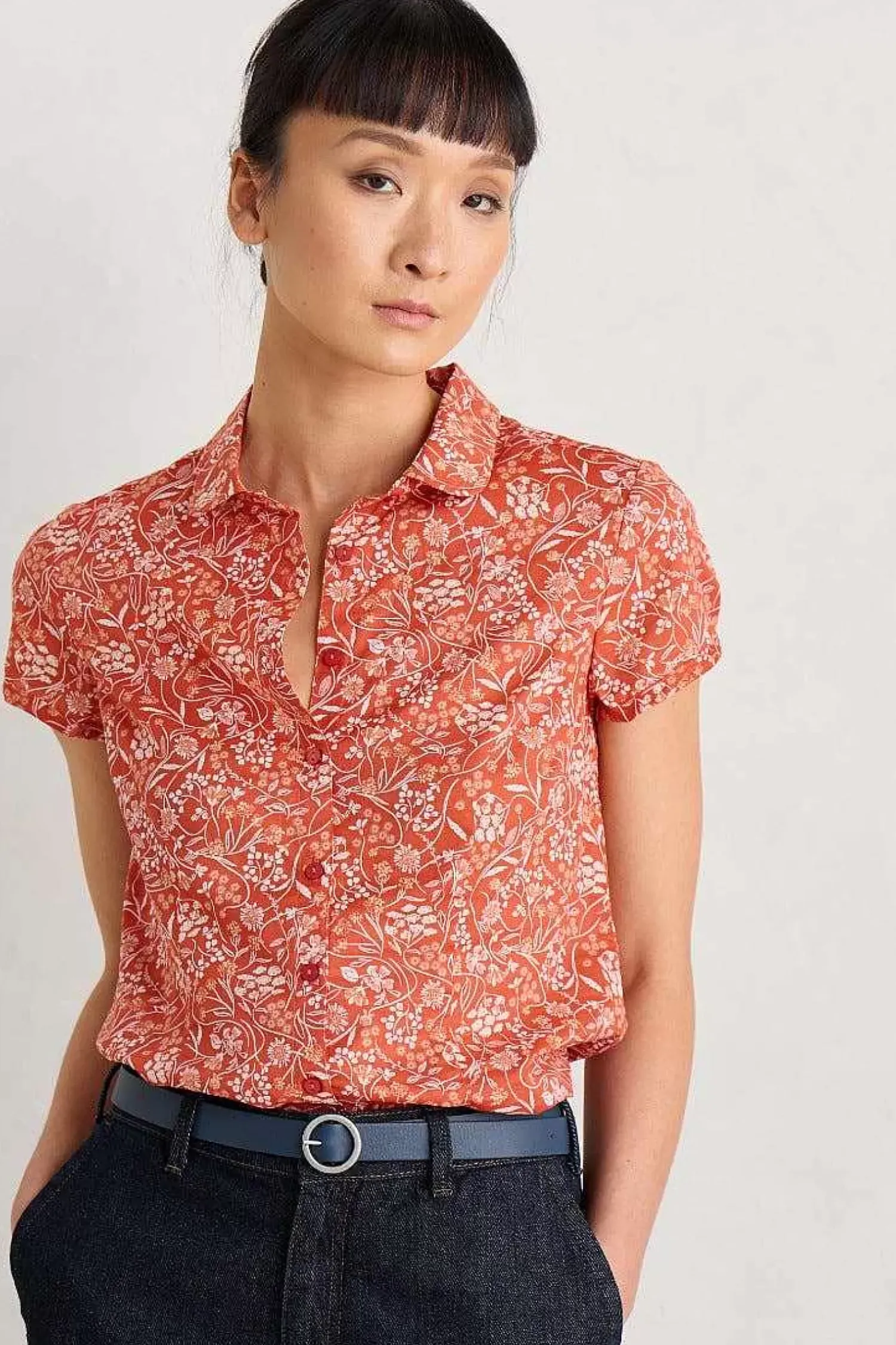 Tops<Seasalt Cornwall Rushmaker Short Sleeve Shirt Sketched Field Papaya