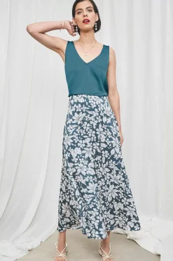 Skirts<Seasalt Cornwall Temple Printed Satin Midi Skirt Anemone Vintage Pool