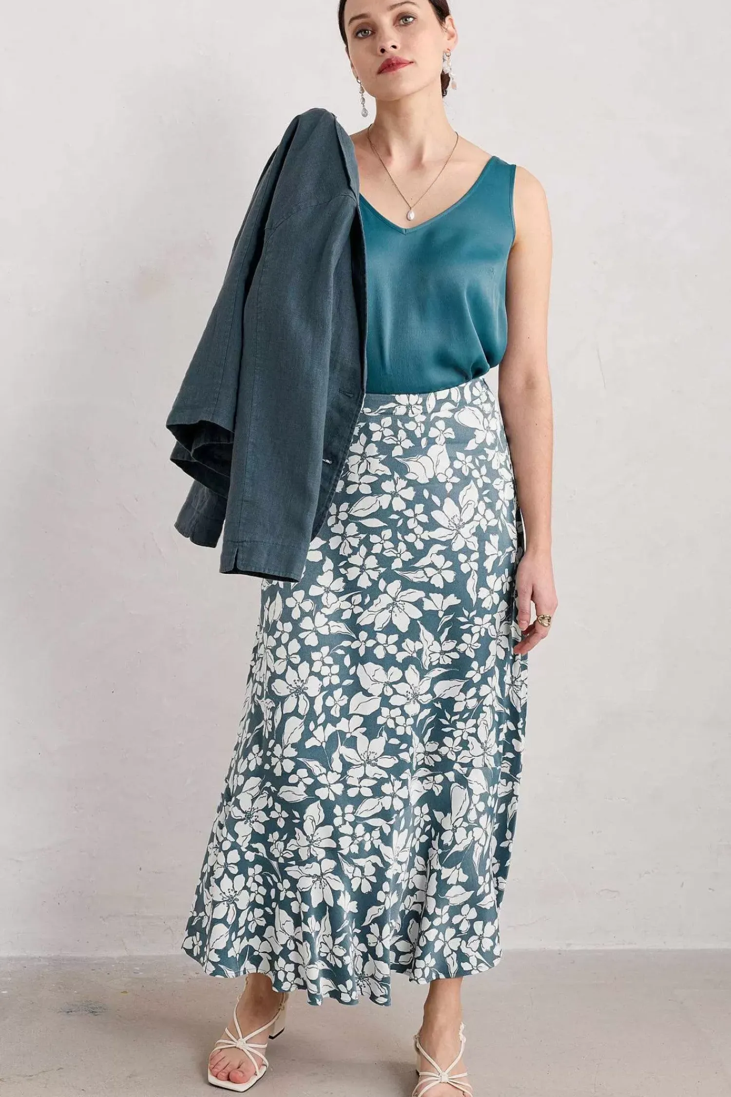 Skirts<Seasalt Cornwall Temple Printed Satin Midi Skirt Anemone Vintage Pool