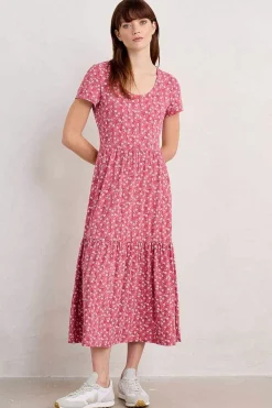 Dresses<Seasalt Cornwall Tor View Short Sleeve Tiered Jersey Dress Campion Vines Rose