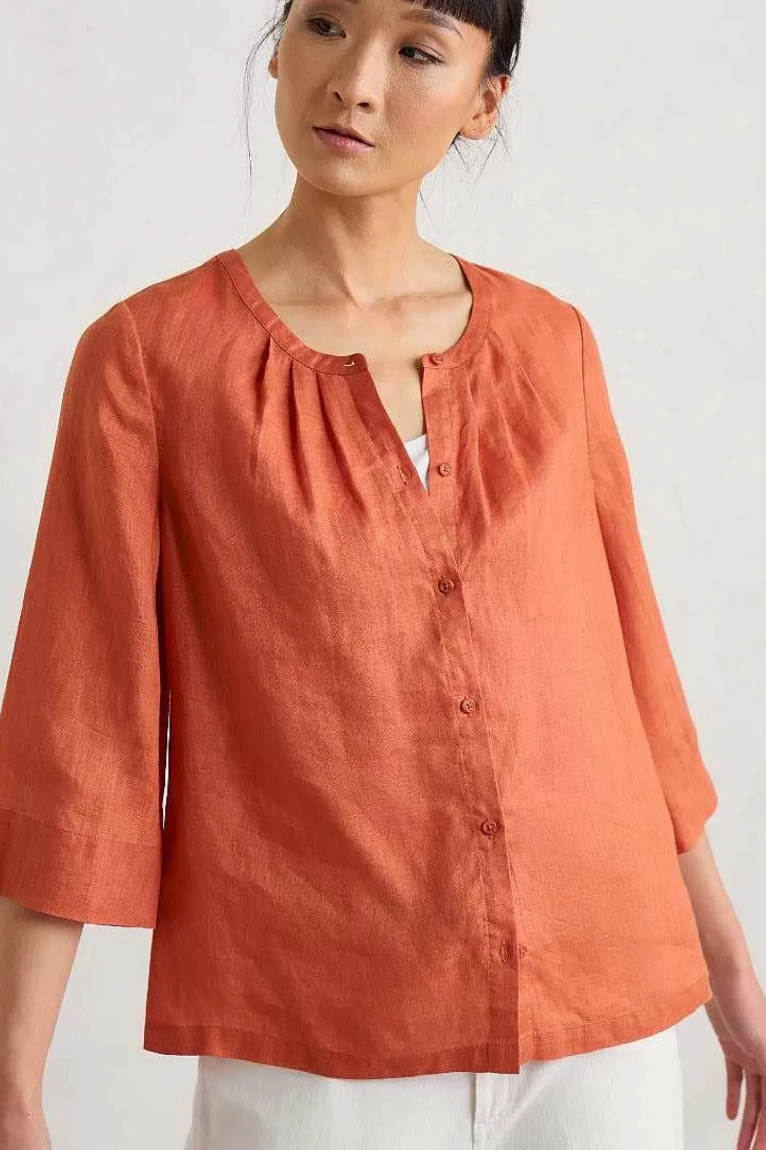 Tops<Seasalt Cornwall Wild Fennel Button Through Linen Top Papaya