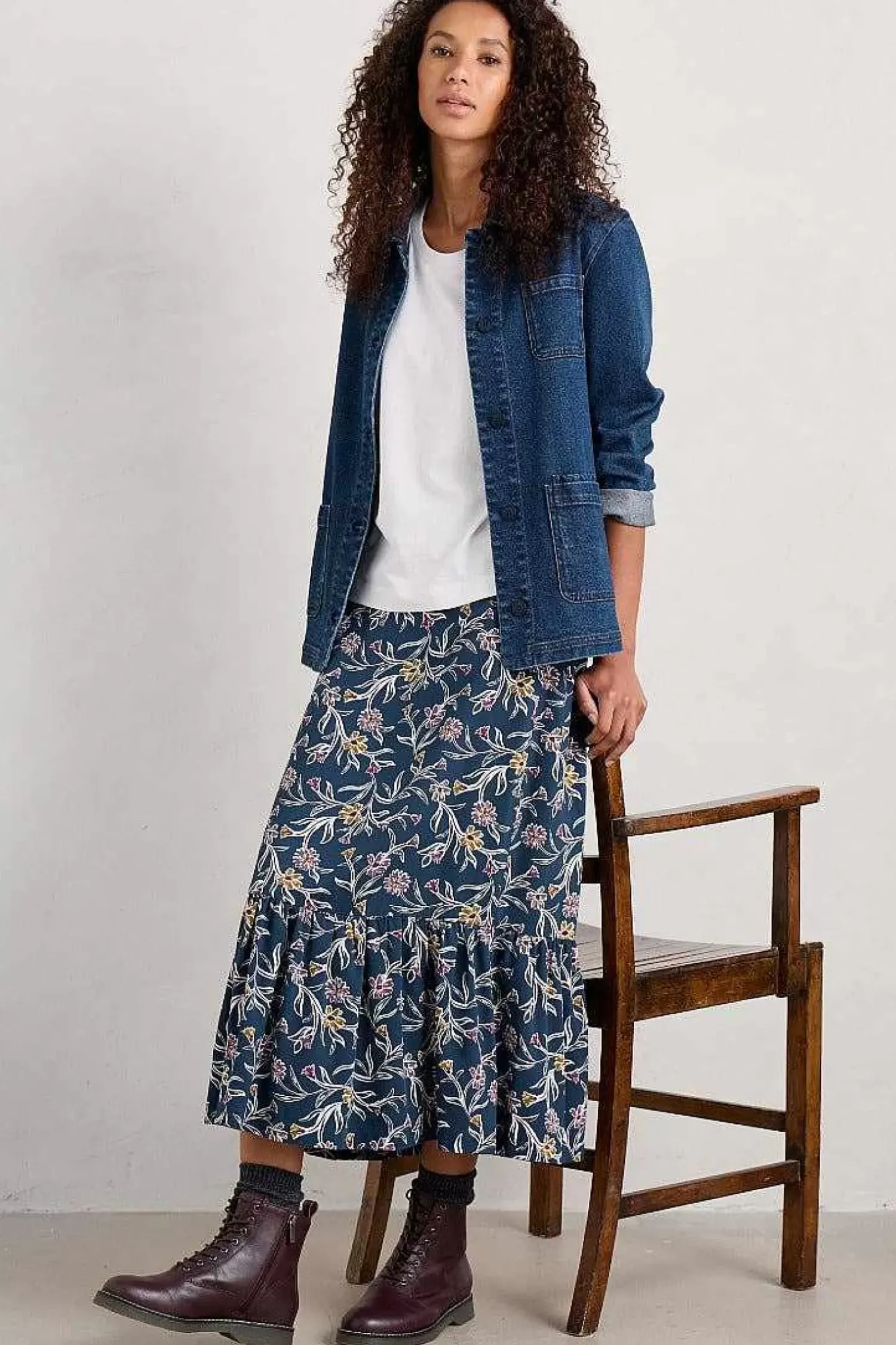Skirts<Seasalt Cornwall Wildflower Field Tiered Midi Skirt Printed Plant Squall